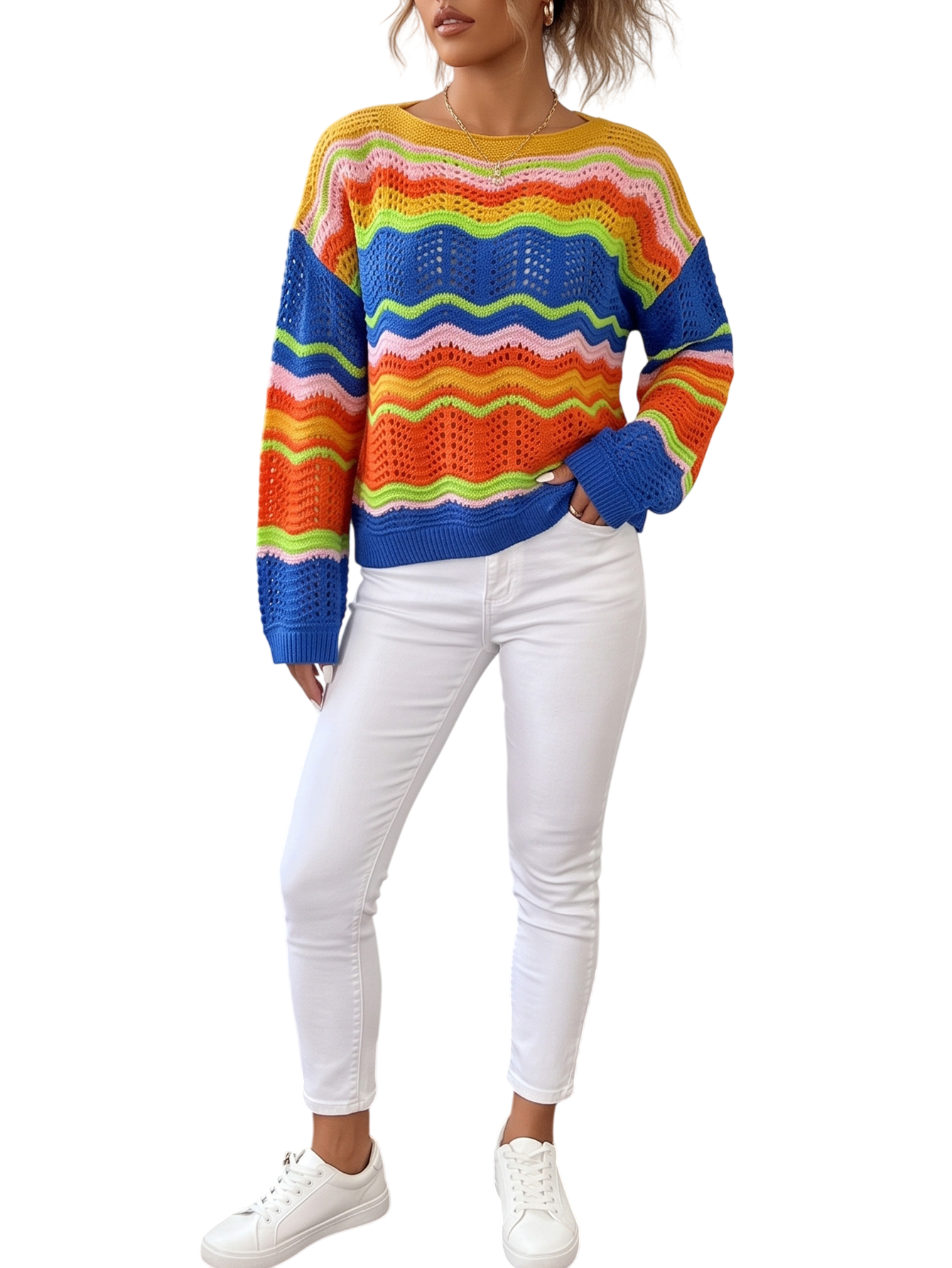Women’s Striped Crochet Knit Long Sleeve Top