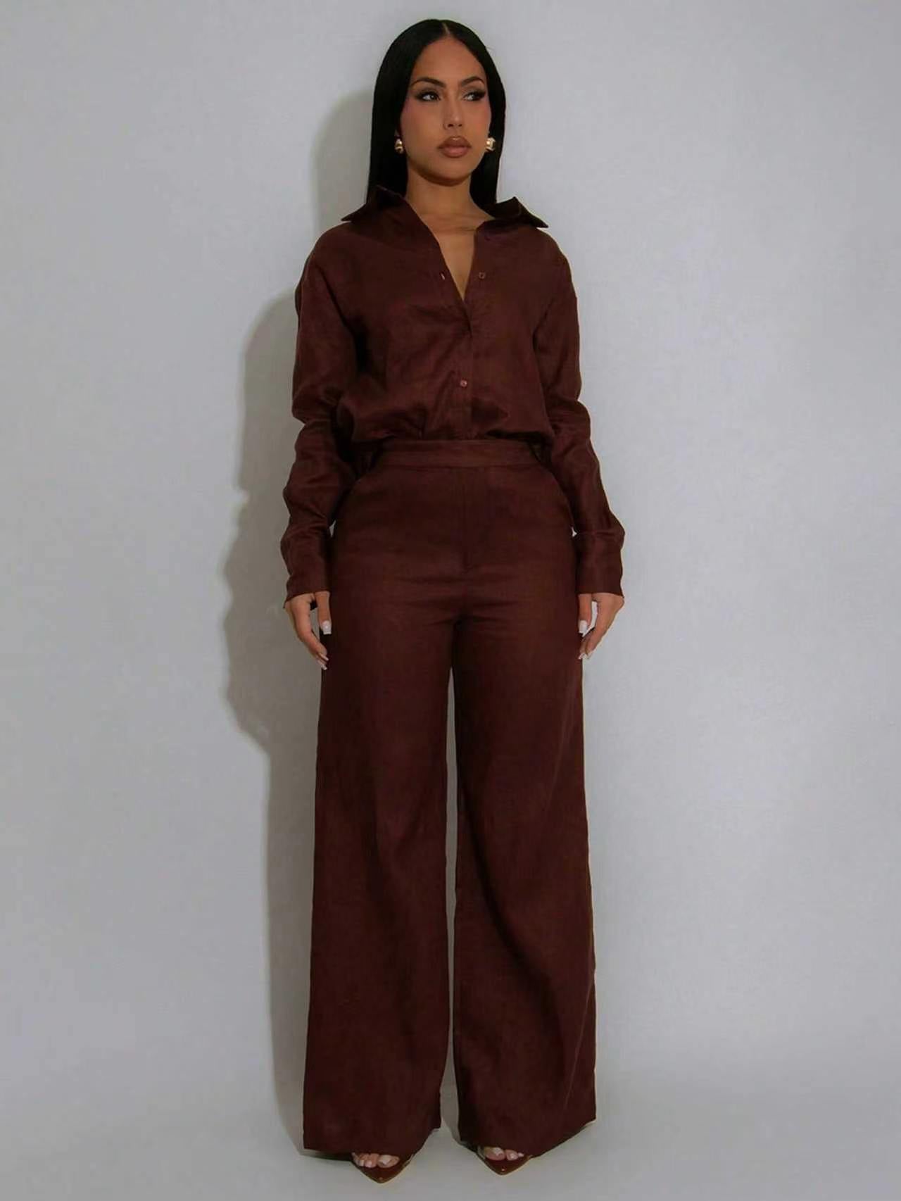Women’s Button-Up Shirt and Wide Leg Pants Set