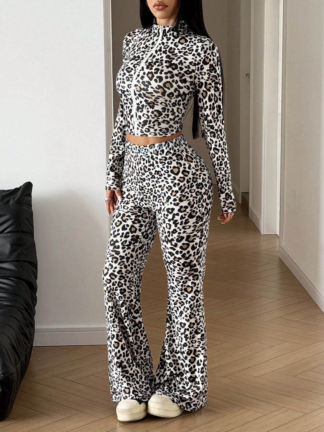 Women’s Leopard Print Zip Top and Flare Pants Set