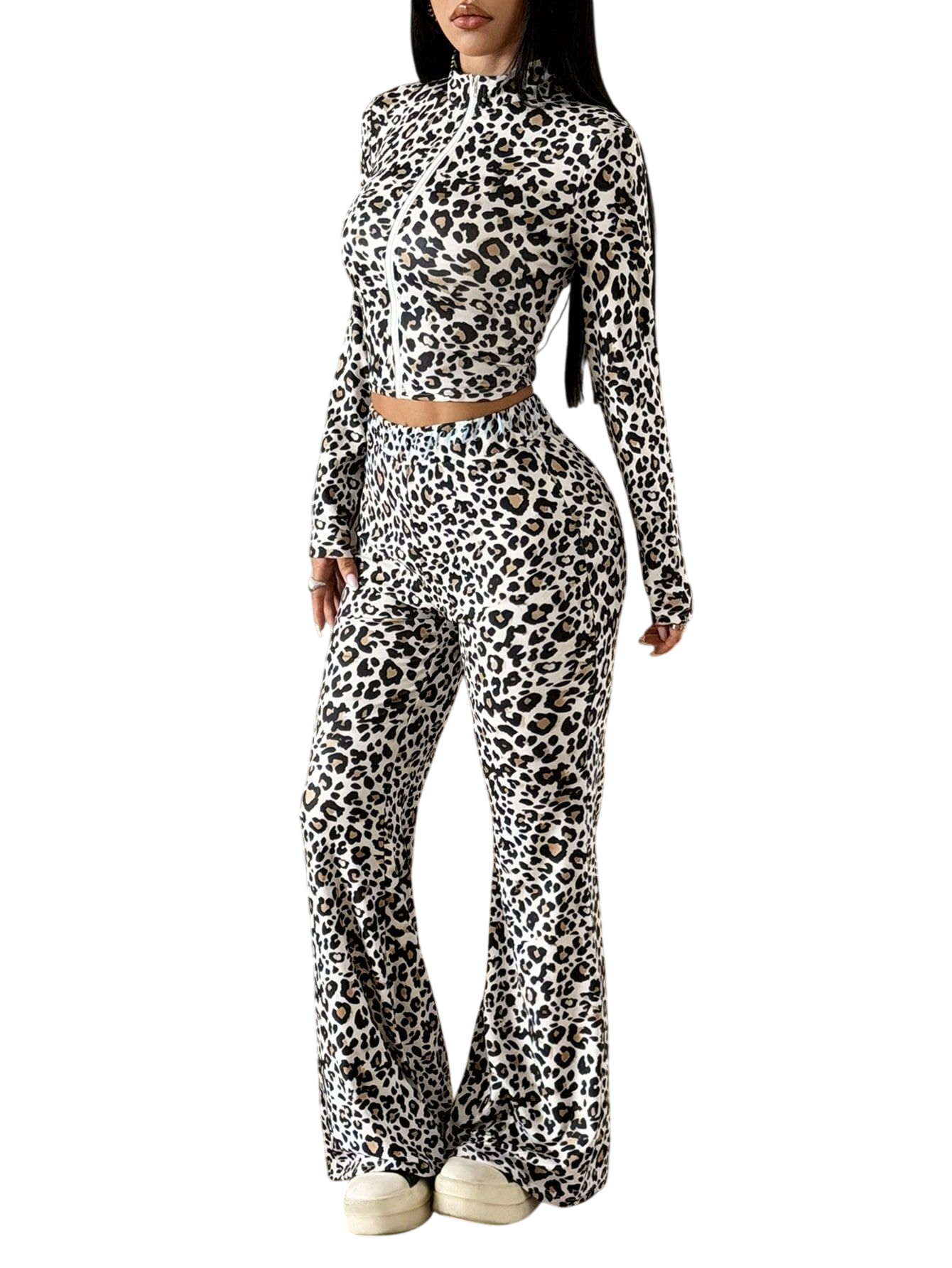 Women’s Leopard Print Zip Top and Flare Pants Set