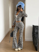 Women’s Leopard Print Zip Top and Flare Pants Set