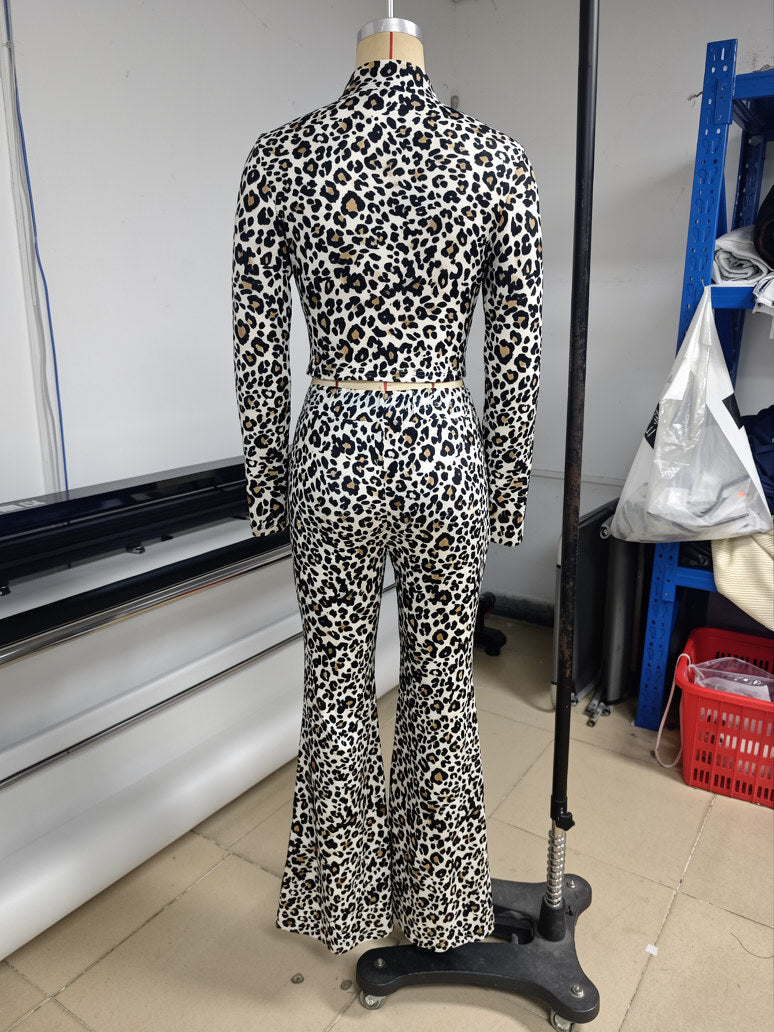 Women’s Leopard Print Zip Top and Flare Pants Set