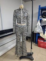 Women’s Leopard Print Zip Top and Flare Pants Set