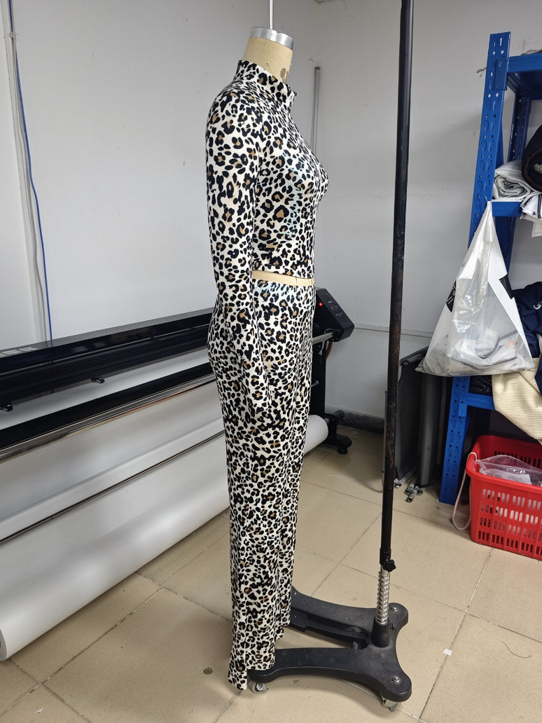 Women’s Leopard Print Zip Top and Flare Pants Set