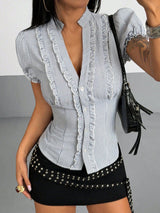 Women’s Striped Ruffle Trim Button Front Top