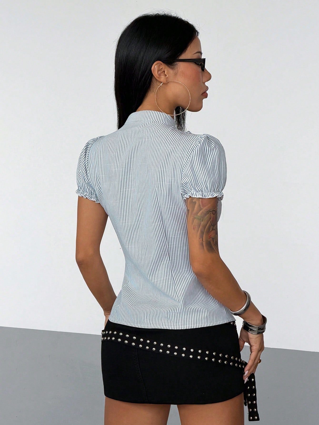 Women’s Striped Ruffle Trim Button Front Top