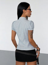Women’s Striped Ruffle Trim Button Front Top