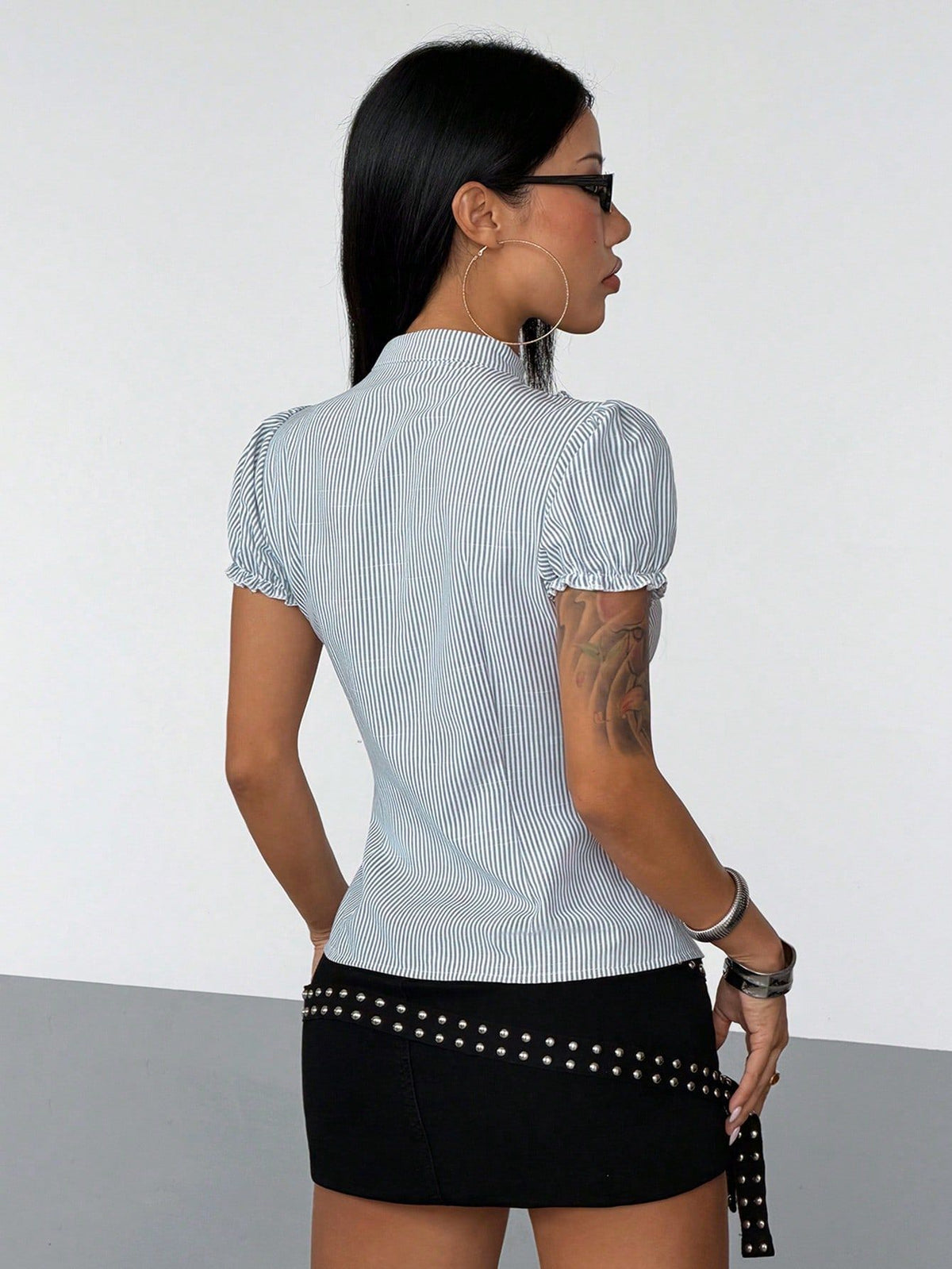 Women’s Striped Ruffle Trim Button Front Top