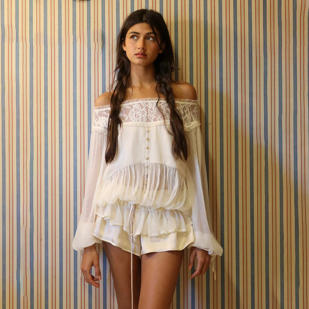 Women’s Lace Off Shoulder Ruffle Romper