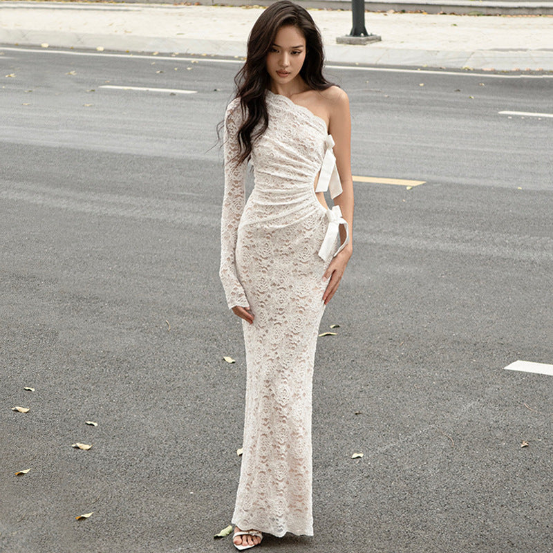 Women’s One Shoulder Lace Ruched Maxi Dress