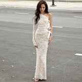 Women’s One Shoulder Lace Ruched Maxi Dress