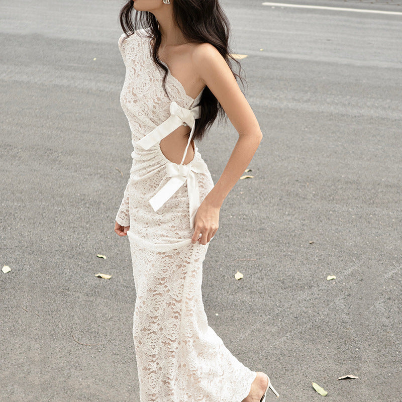 Women’s One Shoulder Lace Ruched Maxi Dress
