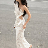 Women’s One Shoulder Lace Ruched Maxi Dress
