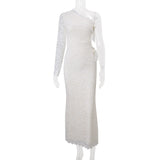 Women’s One Shoulder Lace Ruched Maxi Dress