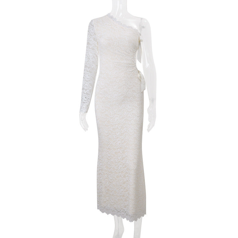 Women’s One Shoulder Lace Ruched Maxi Dress
