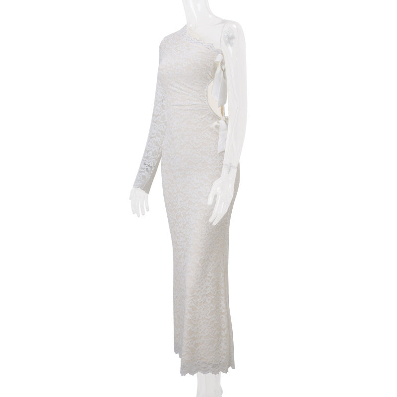 Women’s One Shoulder Lace Ruched Maxi Dress