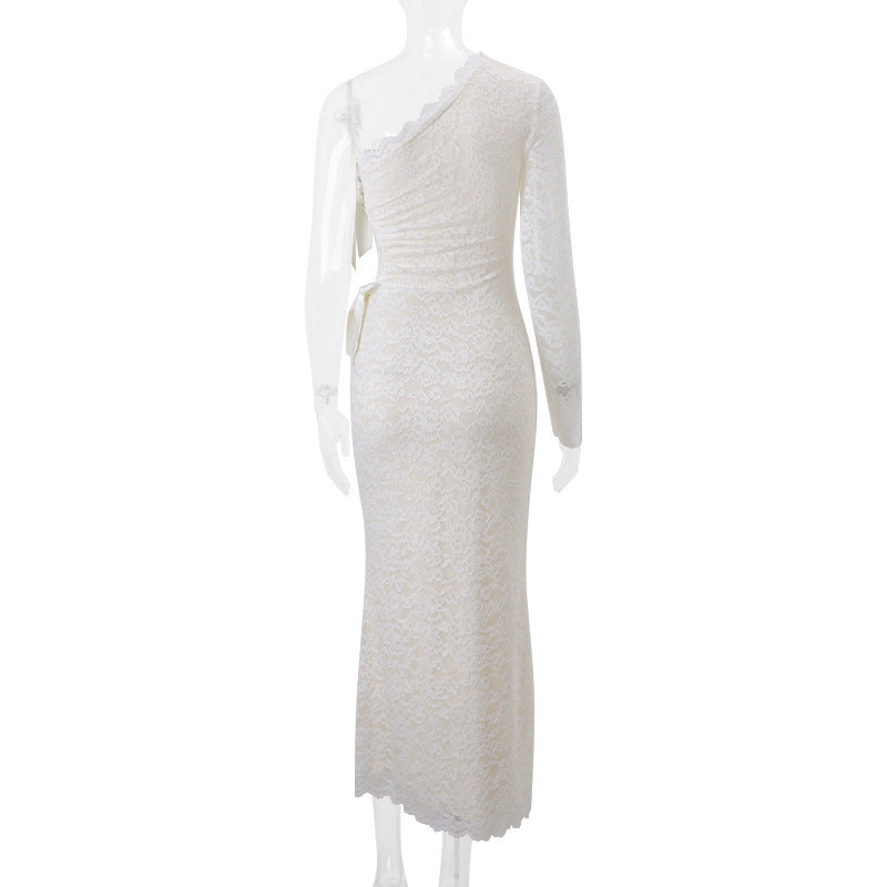 Women’s One Shoulder Lace Ruched Maxi Dress