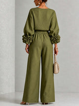 Women’s Floral Cuff Top & Wide Leg Pants Set