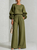 Women’s Floral Cuff Top & Wide Leg Pants Set
