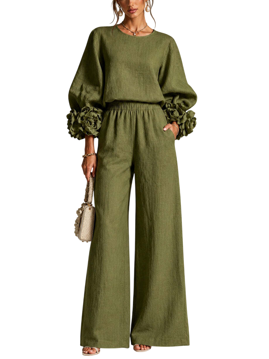Women’s Floral Cuff Top & Wide Leg Pants Set