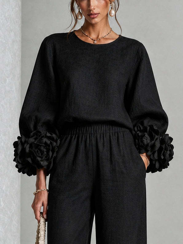 Women’s Floral Cuff Top & Wide Leg Pants Set