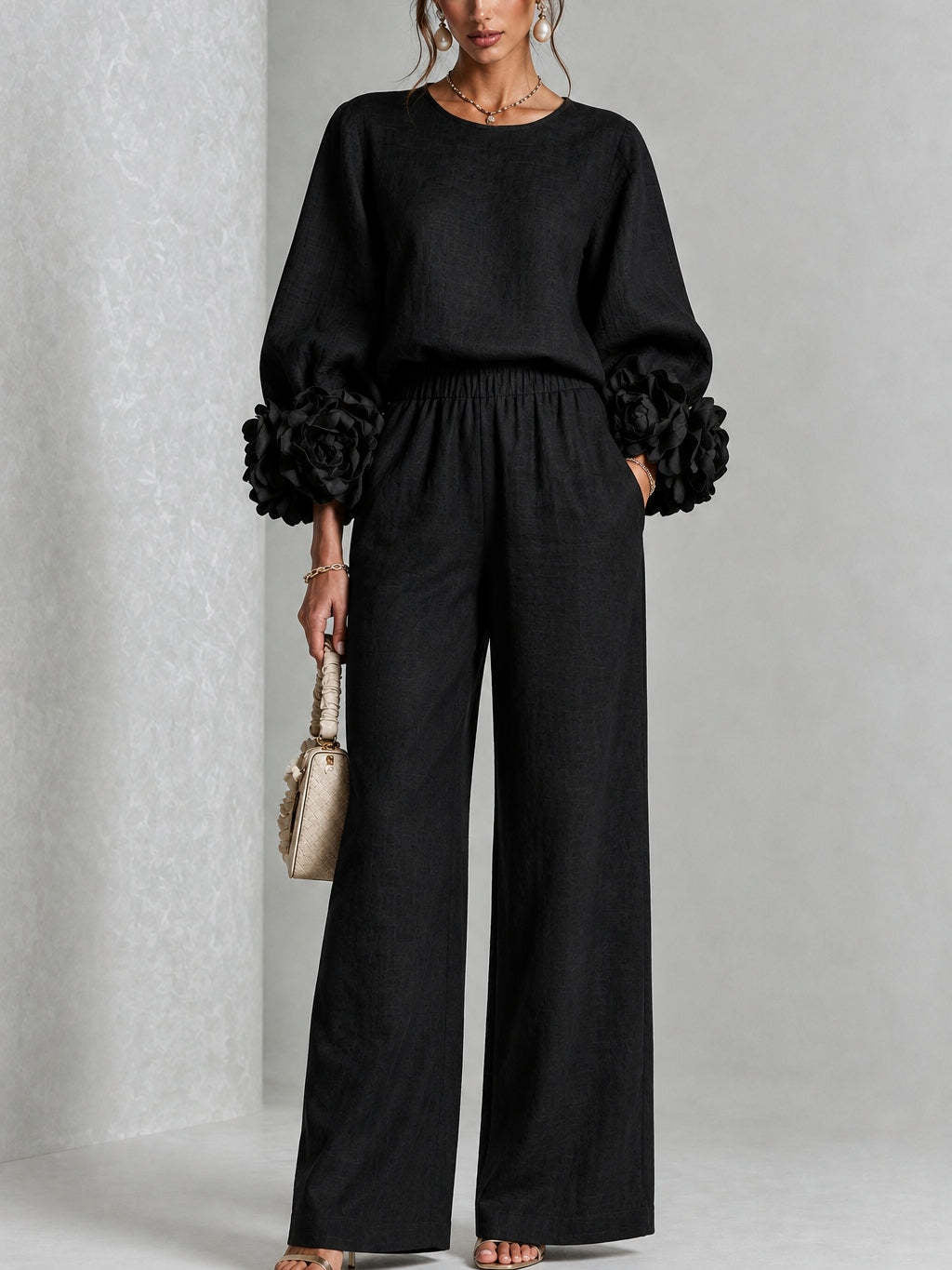 Women’s Floral Cuff Top & Wide Leg Pants Set