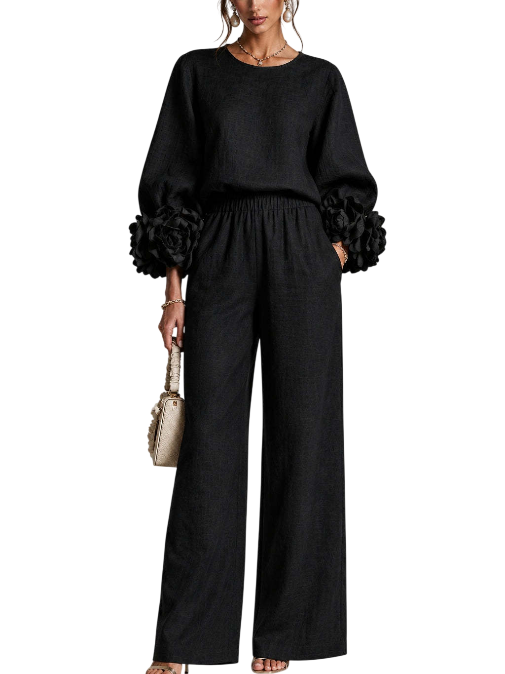 Women’s Floral Cuff Top & Wide Leg Pants Set