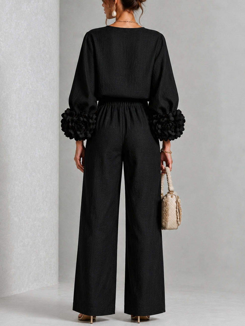Women’s Floral Cuff Top & Wide Leg Pants Set