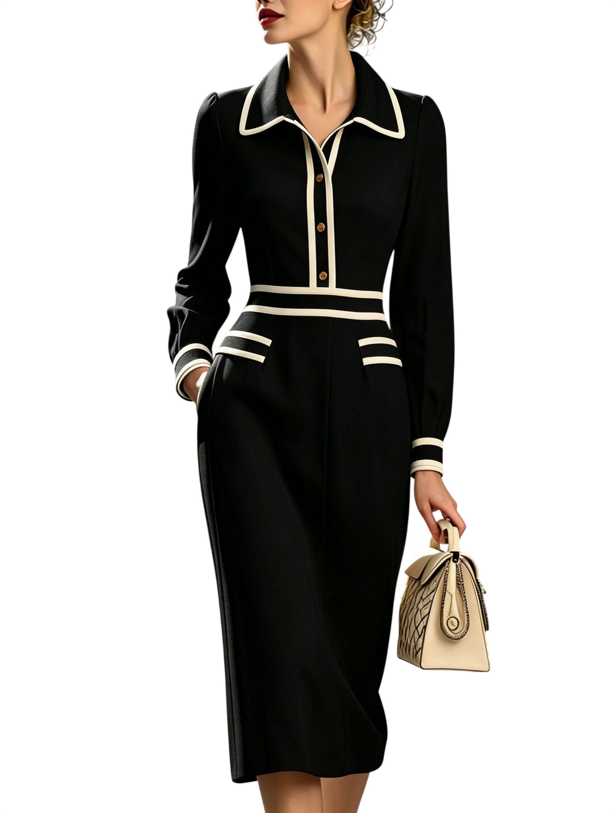 Women’s Contrast Trim Button Front Midi Dress