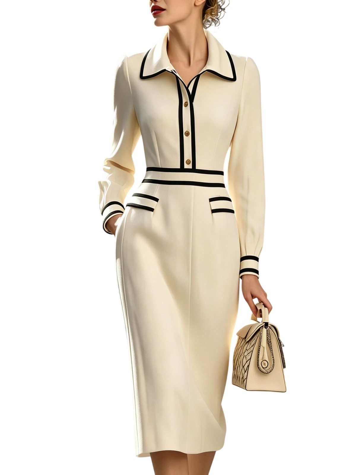 Women’s Contrast Trim Button Front Midi Dress