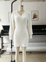 Women’s Fuzzy V-Neck Long Sleeve Mini Dress