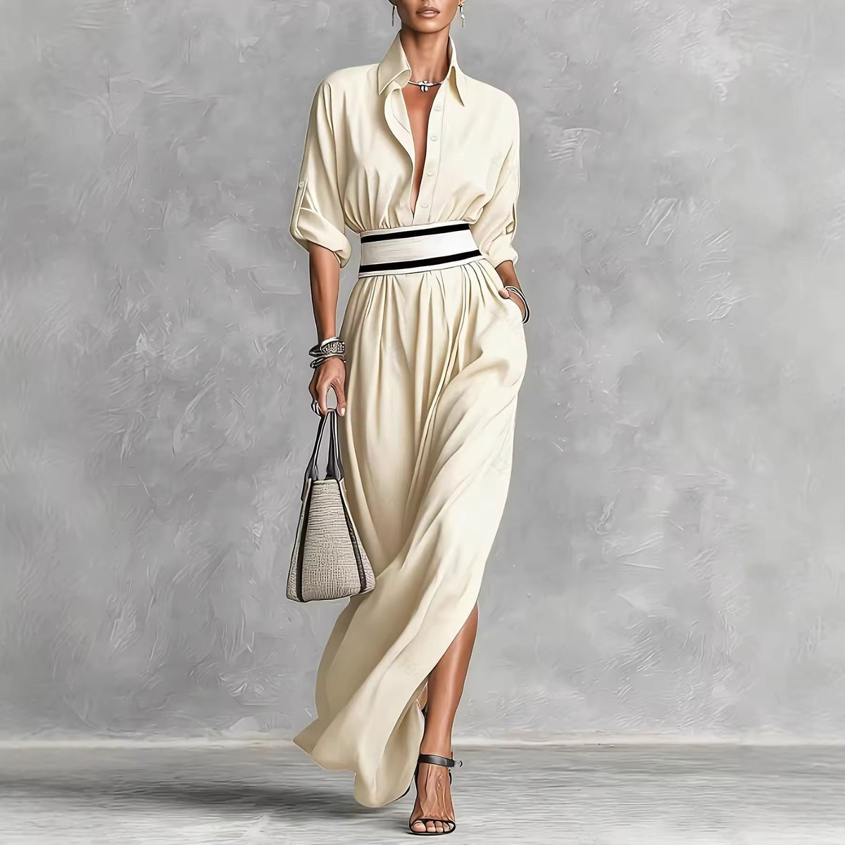 Women’s Button Front Waist Tie Maxi Dress