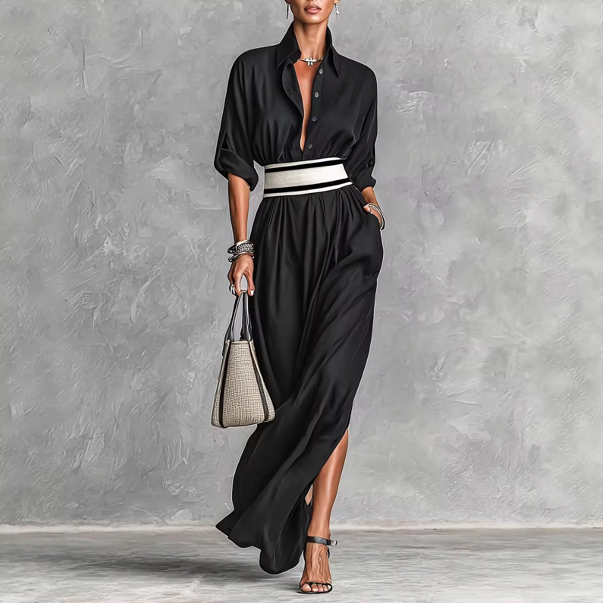 Women’s Button Front Waist Tie Maxi Dress