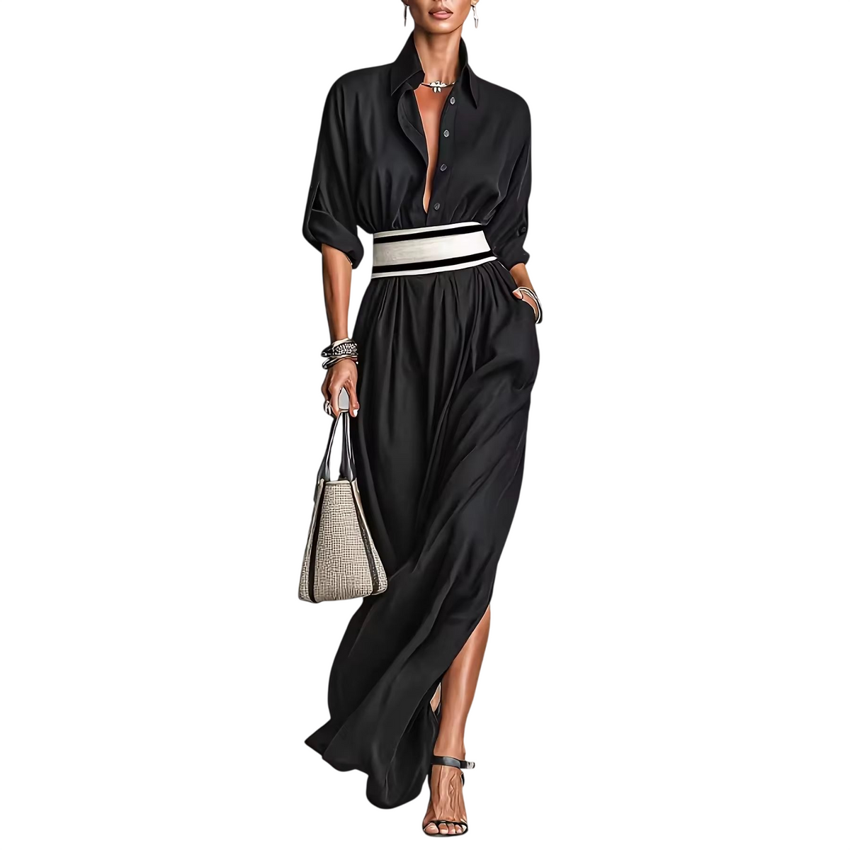Women’s Button Front Waist Tie Maxi Dress