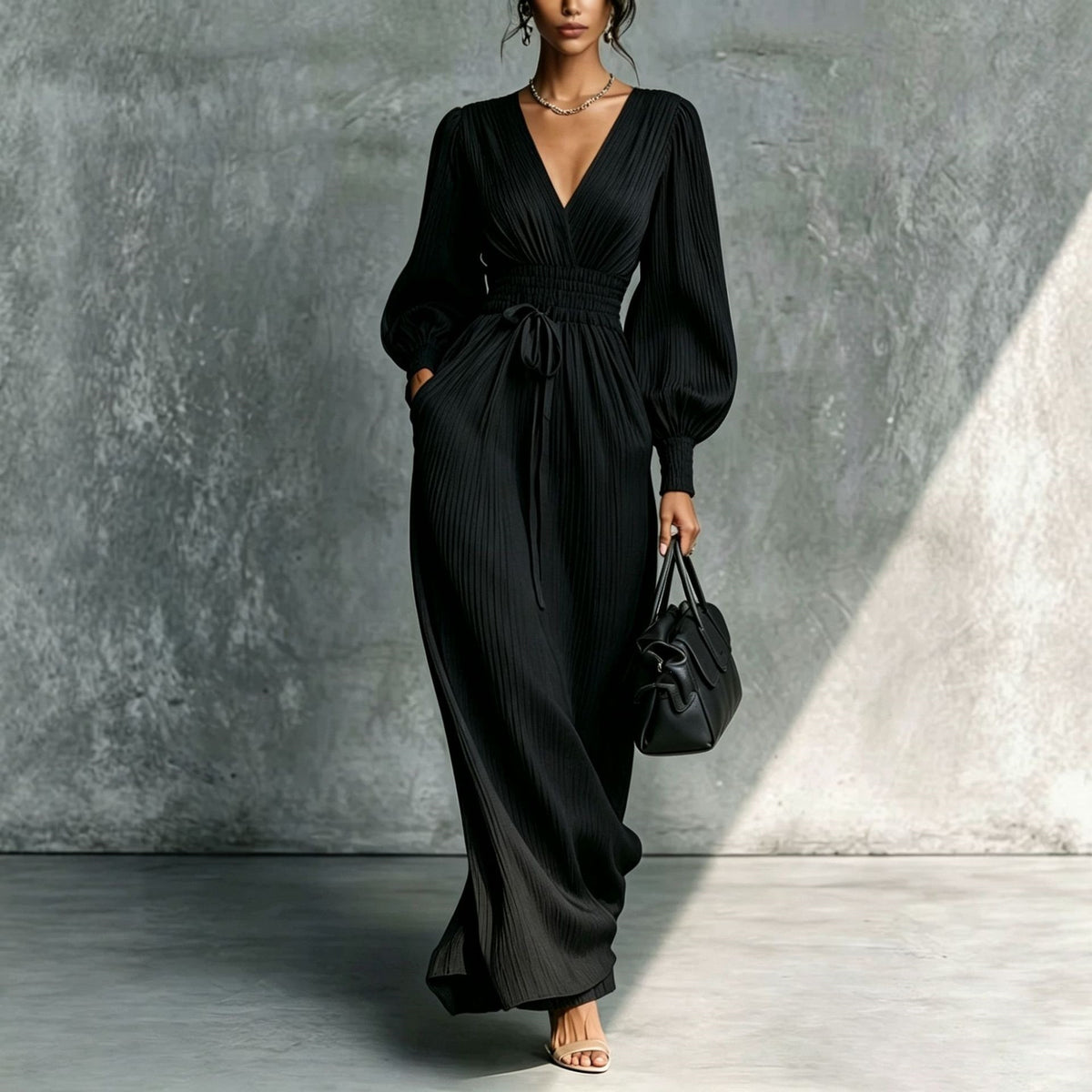Women’s Pleated V-Neck  Dress