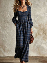 Women’s Plaid Square Neck Wide Leg Jumpsuit