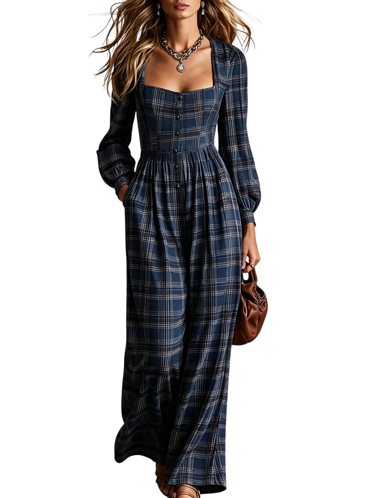 Women’s Plaid Square Neck Wide Leg Jumpsuit