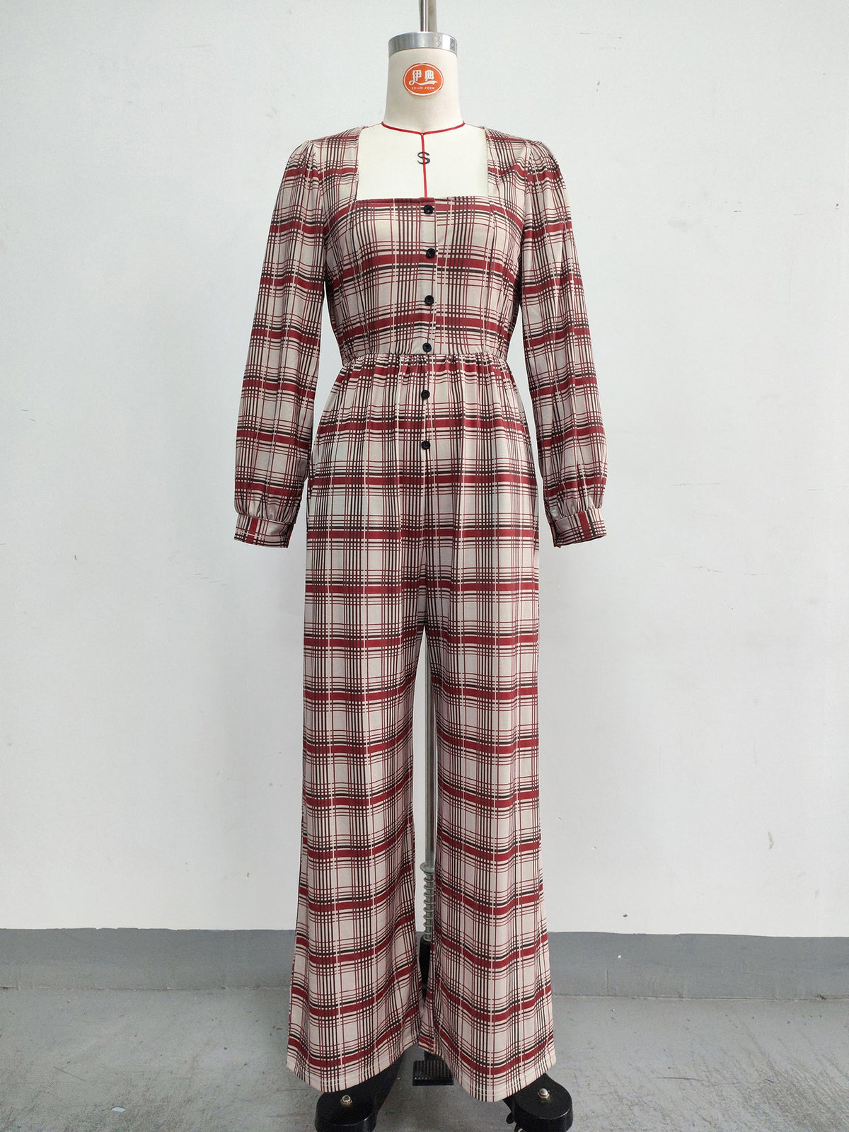 Women’s Plaid Square Neck Wide Leg Jumpsuit