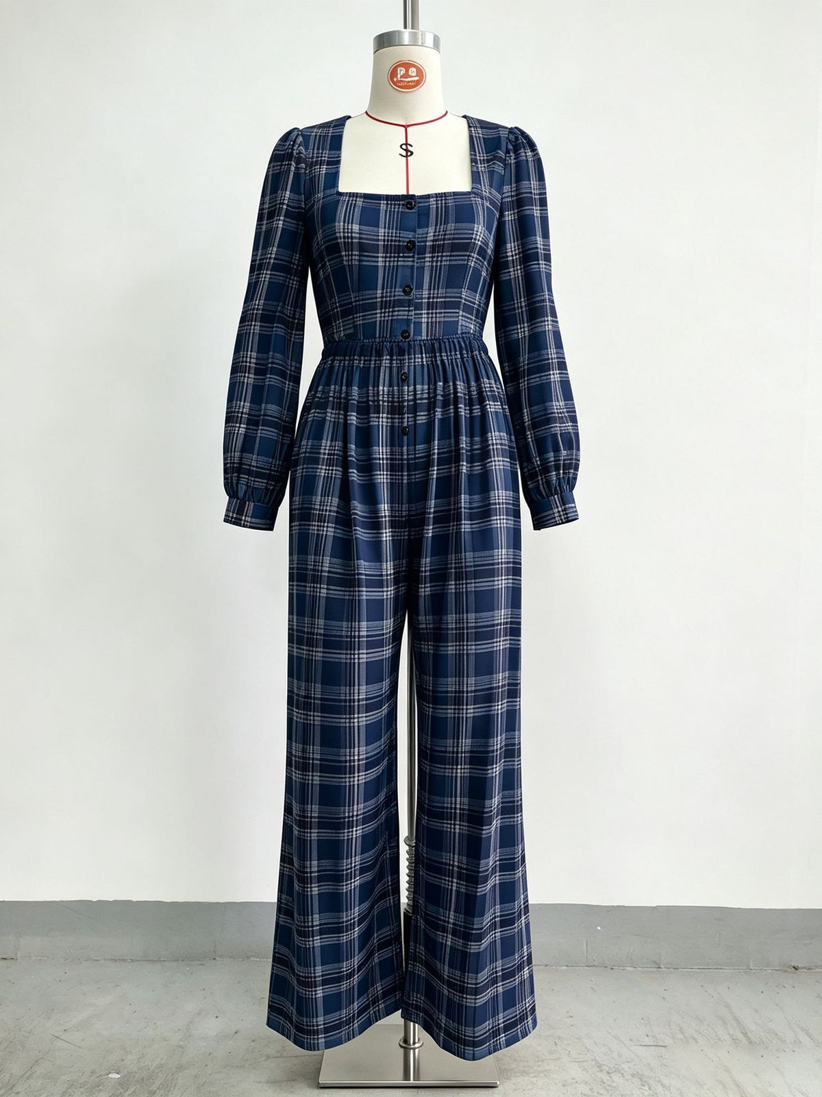 Women’s Plaid Square Neck Wide Leg Jumpsuit