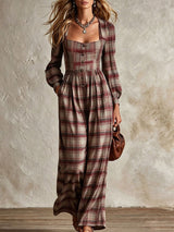 Women’s Plaid Square Neck Wide Leg Jumpsuit