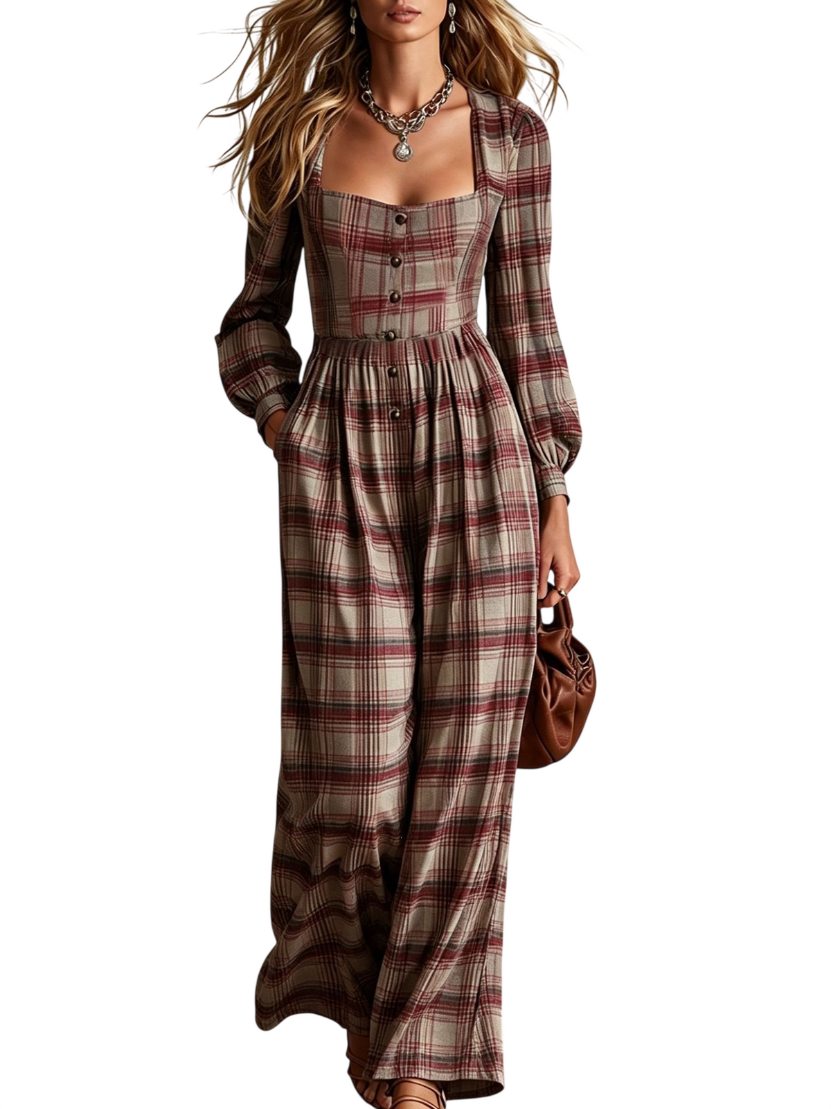 Women’s Plaid Square Neck Wide Leg Jumpsuit