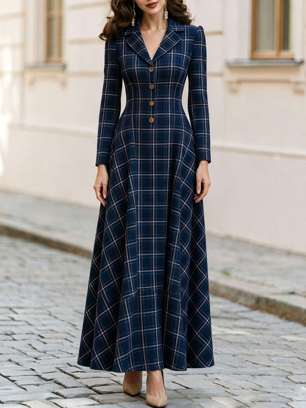 Women’s Plaid Button Front A-Line Midi Dress