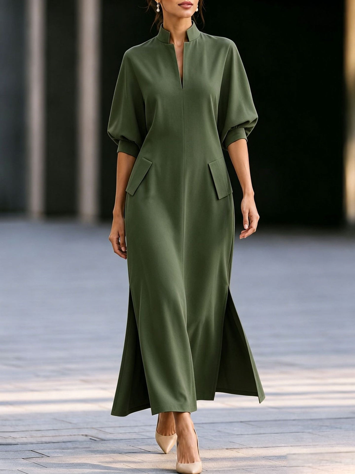 Women’s Stand Collar Long Sleeve Maxi Dress