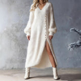 Women’s Fuzzy V-Neck Button Side Slit Maxi Dress