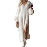 Women’s Fuzzy V-Neck Button Side Slit Maxi Dress