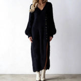 Women’s Fuzzy V-Neck Button Side Slit Maxi Dress