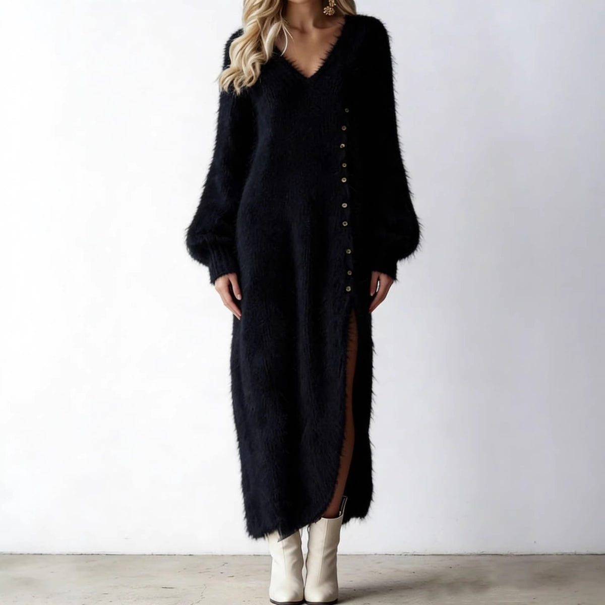 Women’s Fuzzy V-Neck Button Side Slit Maxi Dress