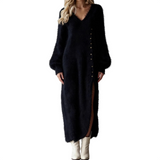 Women’s Fuzzy V-Neck Button Side Slit Maxi Dress