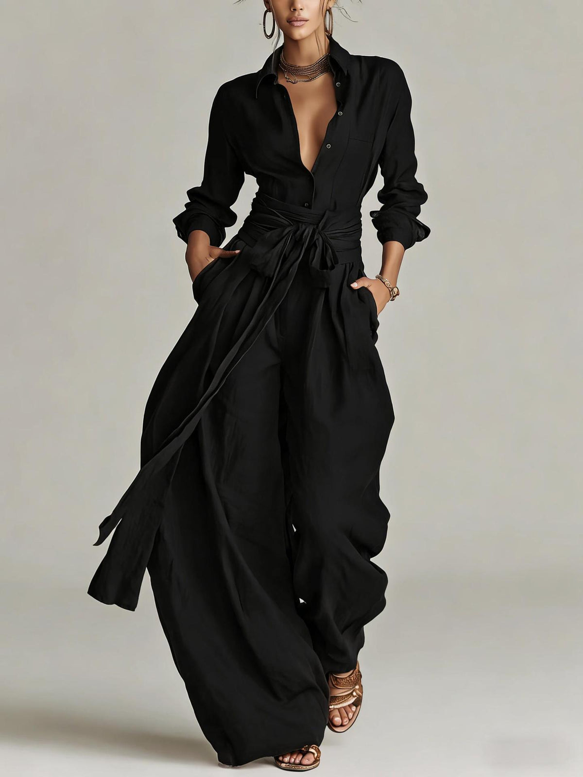 Women’s Button Front Shirt and Wide Leg Pants Set