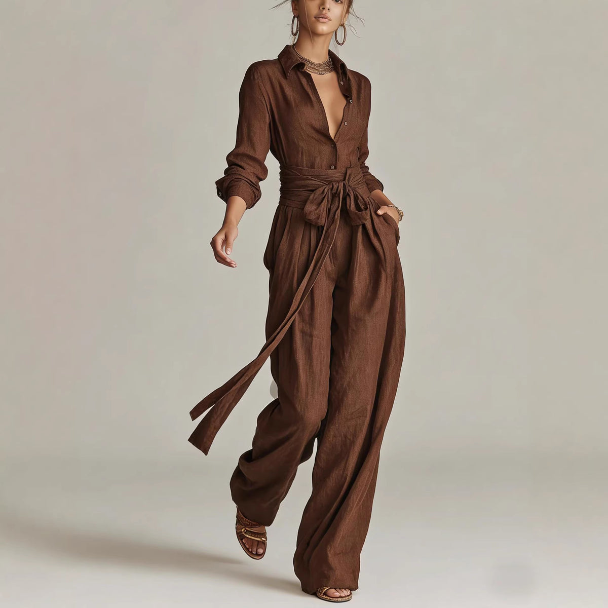 Women’s Button Front Shirt and Wide Leg Pants Set